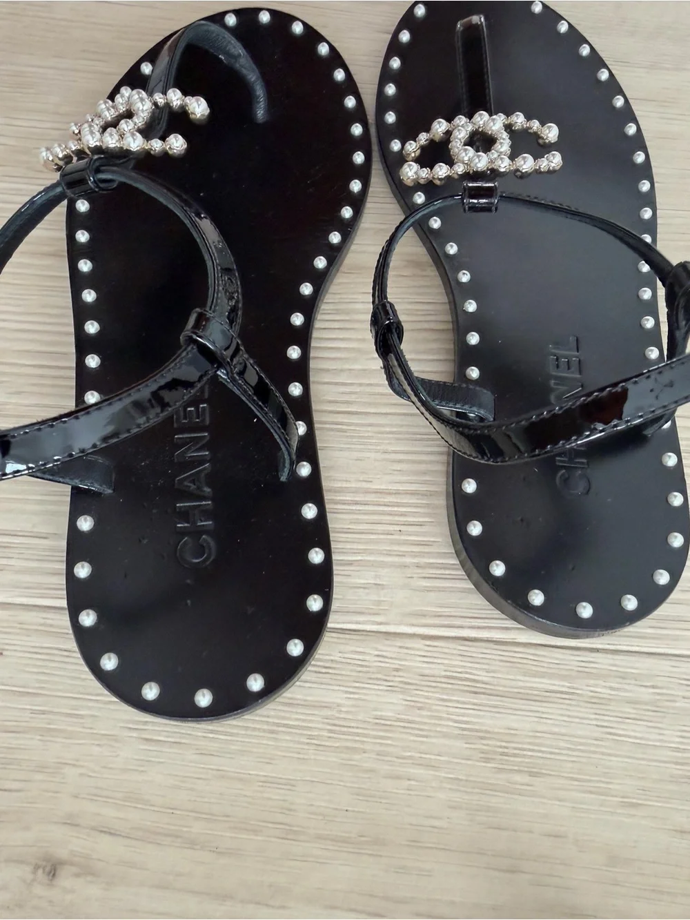 CHANEL Black Pearl-Accent T-Strap Sandals